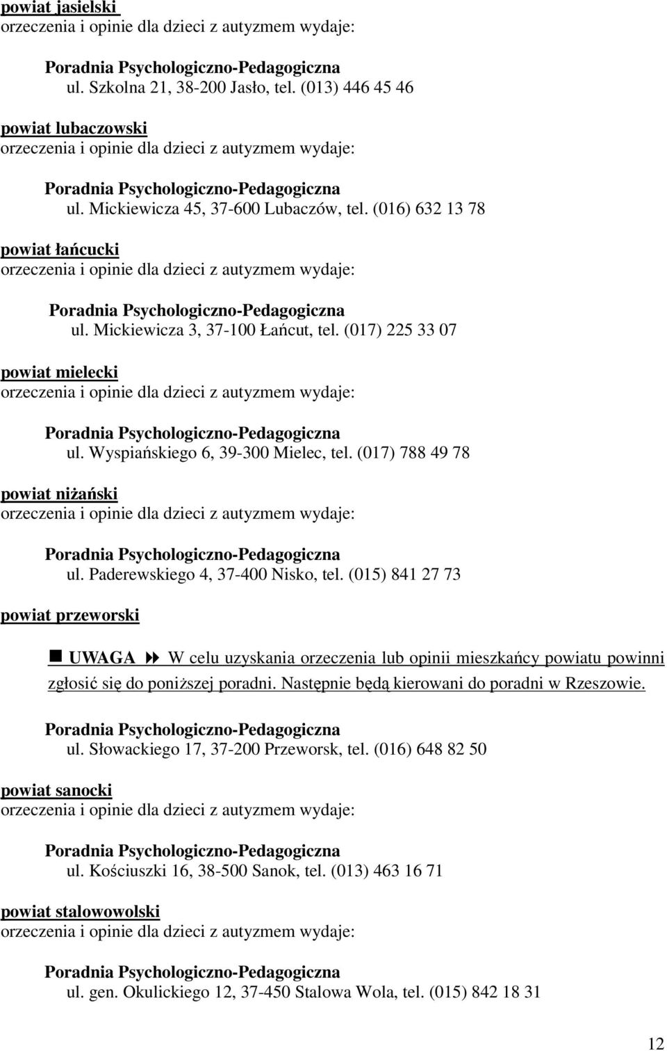 (016) 632 13 78 powiat łańcucki orzeczenia i opinie dla dzieci z autyzmem wydaje: Poradnia Psychologiczno-Pedagogiczna ul. Mickiewicza 3, 37-100 Łańcut, tel.