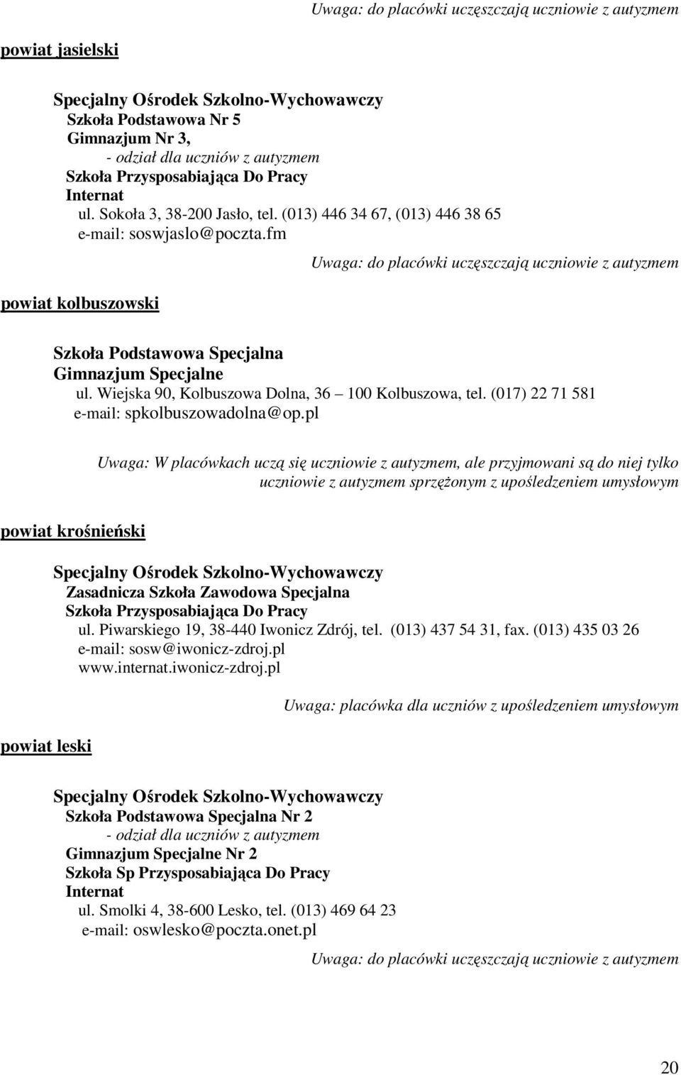 fm powiat kolbuszowski Uwaga: do placówki uczęszczają uczniowie z autyzmem Szkoła Podstawowa Specjalna Gimnazjum Specjalne ul. Wiejska 90, Kolbuszowa Dolna, 36 100 Kolbuszowa, tel.