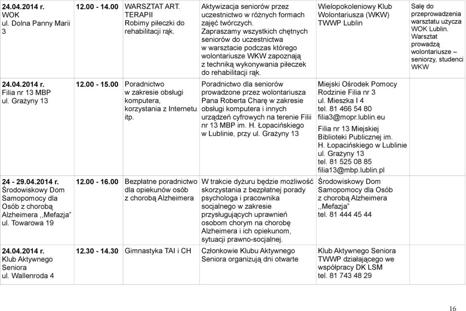 00 Bezpłatne poradnictwo dla opiekunów osób z chorobą Alzheimera Aktywizacja seniorów przez uczestnictwo w różnych formach zajęć twórczych.