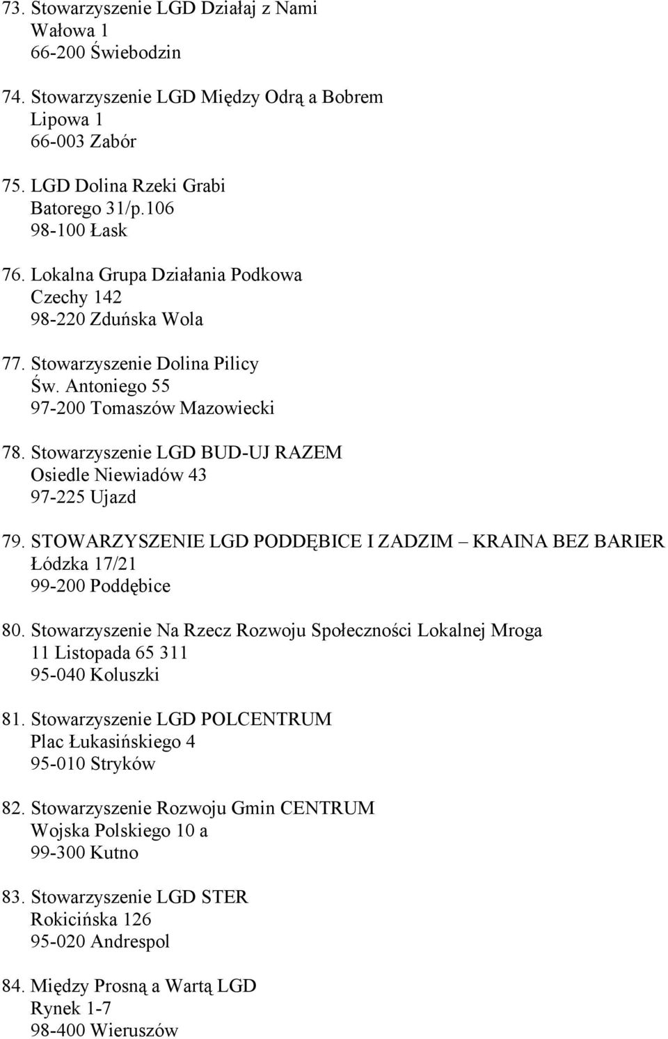 Stowarzyszenie LGD BUD-UJ RAZEM Osiedle Niewiadów 43 97-225 Ujazd 79. STOWARZYSZENIE LGD PODDĘBICE I ZADZIM KRAINA BEZ BARIER Łódzka 17/21 99-200 Poddębice 80.