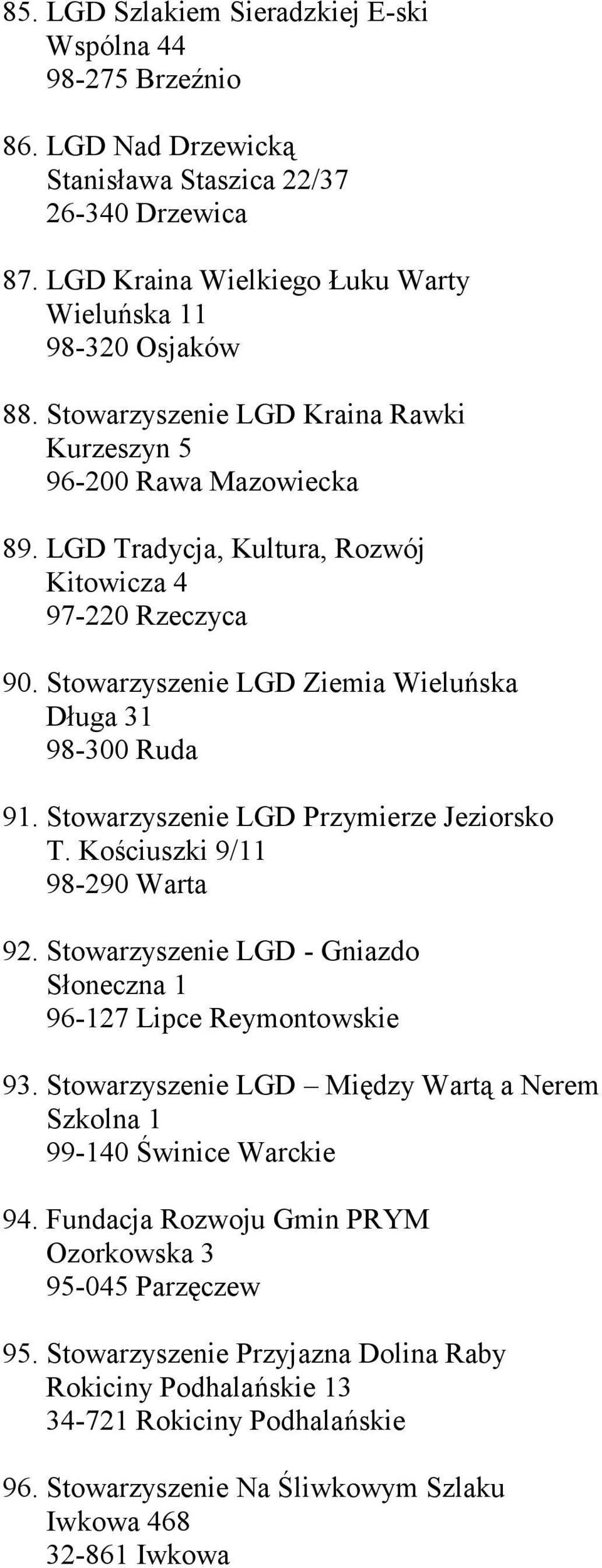 Stowarzyszenie LGD Przymierze Jeziorsko T. Kościuszki 9/11 98-290 Warta 92. Stowarzyszenie LGD - Gniazdo Słoneczna 1 96-127 Lipce Reymontowskie 93.