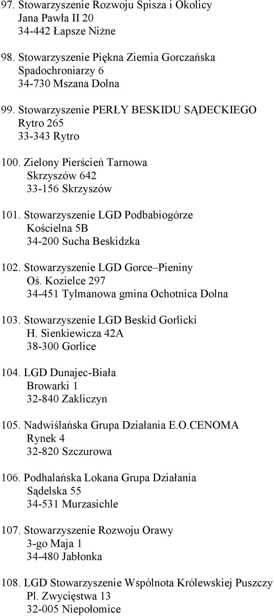 Stowarzyszenie LGD Podbabiogórze Kościelna 5B 34-200 Sucha Beskidzka 102. Stowarzyszenie LGD Gorce Pieniny Oś. Kozielce 297 34-451 Tylmanowa gmina Ochotnica Dolna 103.