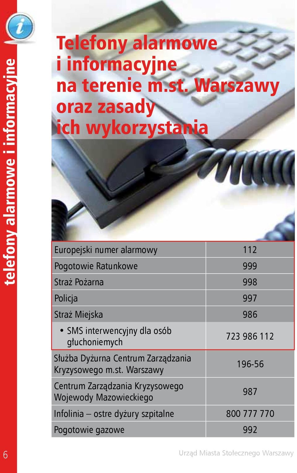 Straż Miejska 986 SMS interwencyjny dla osób głuchoniemych 723 986 112 Służba Dyżurna Centrum Zarządzania Kryzysowego m.st.