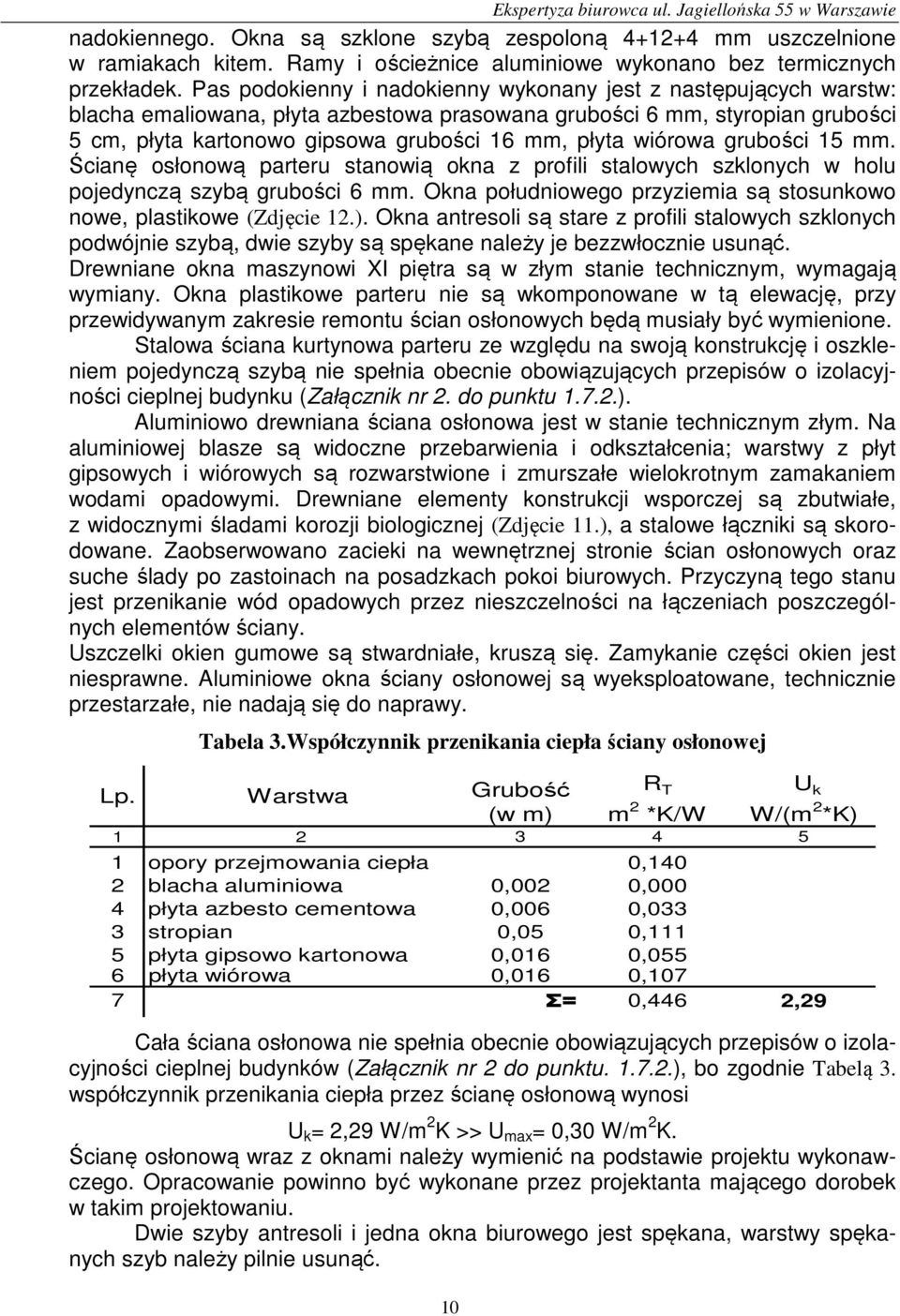 Pas podokienny i nadokienny wykonany jest z następujących warstw: blacha emaliowana, płyta azbestowa prasowana grubości 6 mm, styropian grubości 5 cm, płyta kartonowo gipsowa grubości 16 mm, płyta