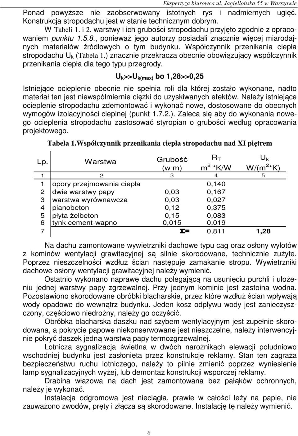 Współczynnik przenikania ciepła stropodachu U k (Tabela 1.) znacznie przekracza obecnie obowiązujący współczynnik przenikania ciepła dla tego typu przegrody.