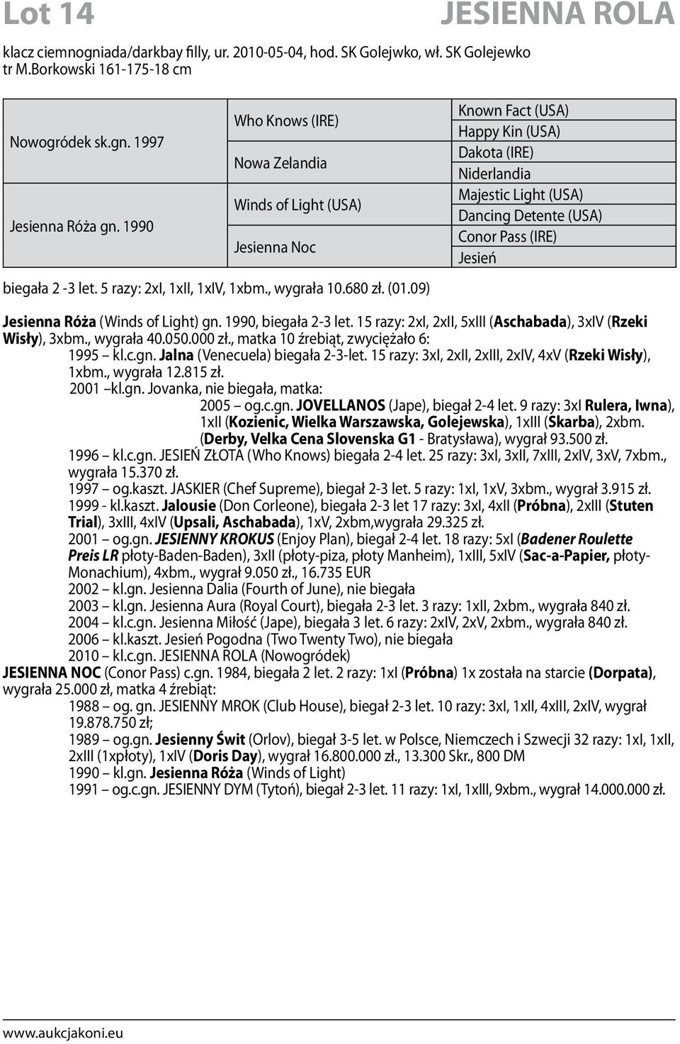 09) Known Fact (USA) Happy Kin (USA) Dakota (IRE) Niderlandia Majestic Light (USA) Dancing Detente (USA) Conor Pass (IRE) Jesień Jesienna Róża (Winds of Light) gn. 1990, biegała 2-3 let.