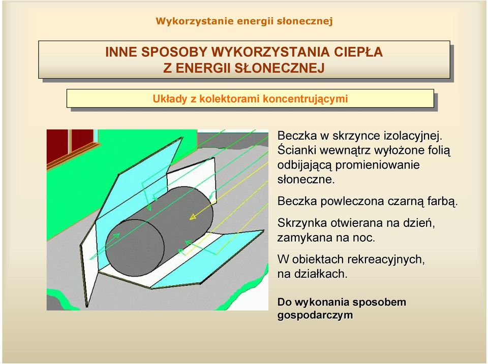 Ścianki wewnątrz wyłożone folią odbijającą promieniowanie słoneczne.