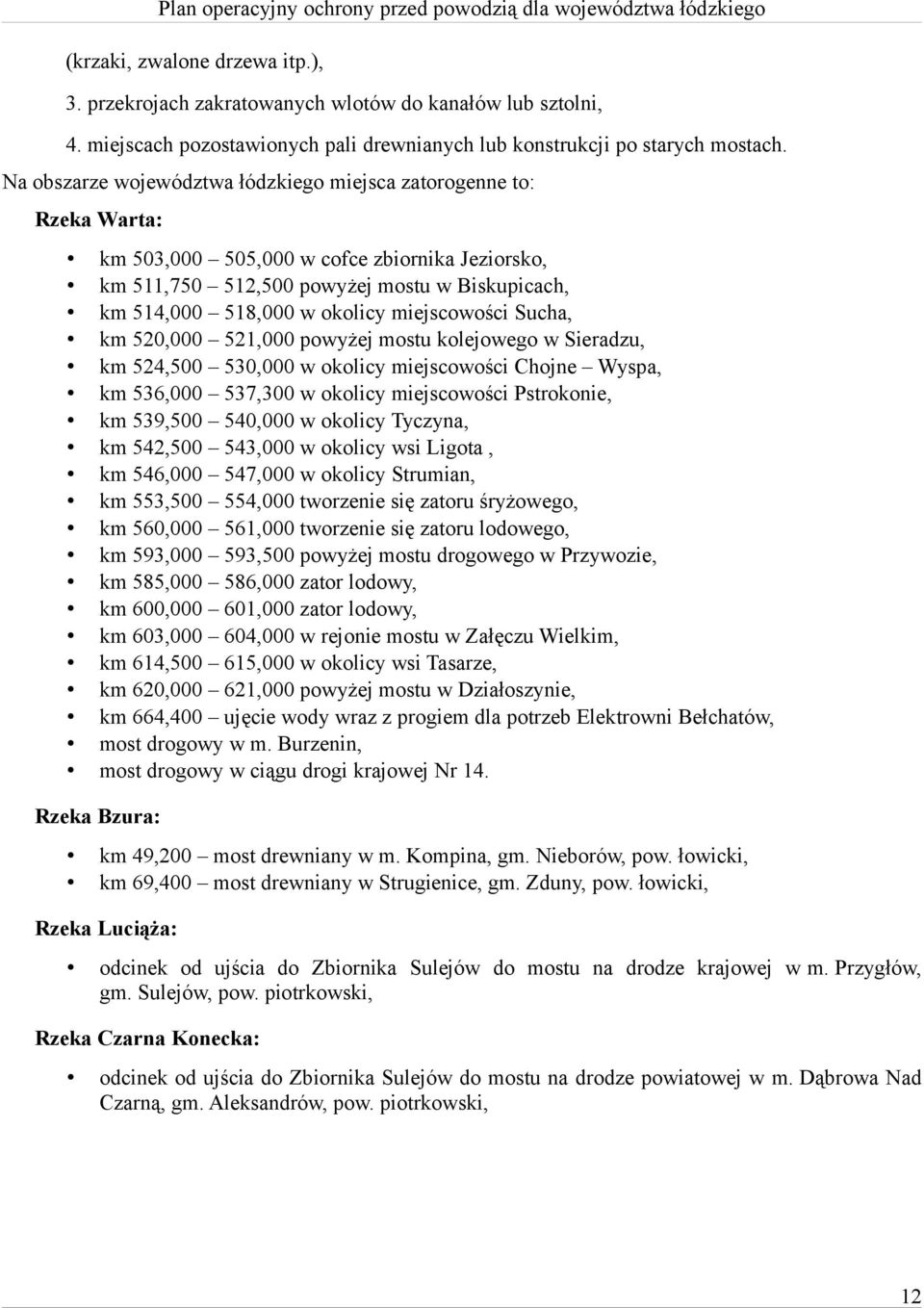 powyżej mostu kolejowego w Sieradzu, km 5,5 5, w okolicy miejscowości Chojne Wyspa, km 56, 57, w okolicy miejscowości Pstrokonie, km 59,5 5, w okolicy Tyczyna, km 5,5 5, w okolicy wsi Ligota, km 56,