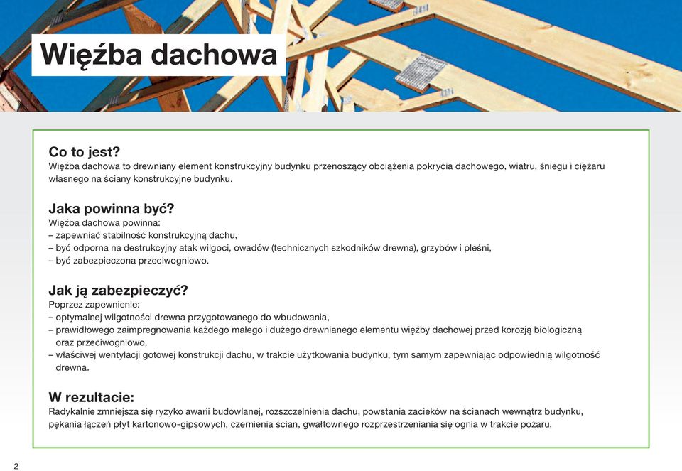 Więźba dachowa powinna: zapewniać stabilność konstrukcyjną dachu, być odporna na destrukcyjny atak wilgoci, owadów (technicznych szkodników drewna), grzybów i pleśni, być zabezpieczona przeciwogniowo.