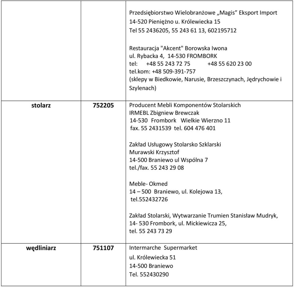 kom: +48 509-391-757 (sklepy w Biedkowie, Narusie, Brzeszczynach, Jędrychowie i Szylenach) stolarz 752205 Producent Mebli Komponentów Stolarskich IRMEBL Zbigniew Brewczak 14-530 Frombork Wielkie