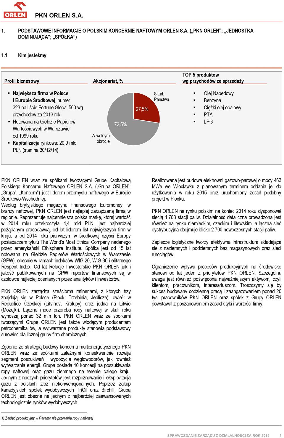rok Notowana na Giełdzie Papierów Wartościowych w Warszawie od 1999 roku Kapitalizacja rynkowa: 20,9 mld PLN (stan na 30/12/14) W wolnym obrocie 72,5% 27,5% Skarb Państwa Olej Napędowy Benzyna Ciężki