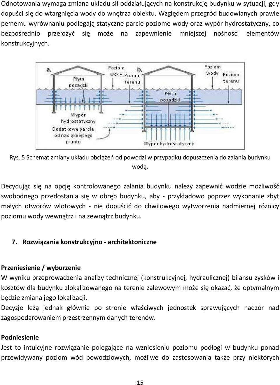 elementów konstrukcyjnych. Rys. 5 Schemat zmiany układu obciążeń od powodzi w przypadku dopuszczenia do zalania budynku wodą.