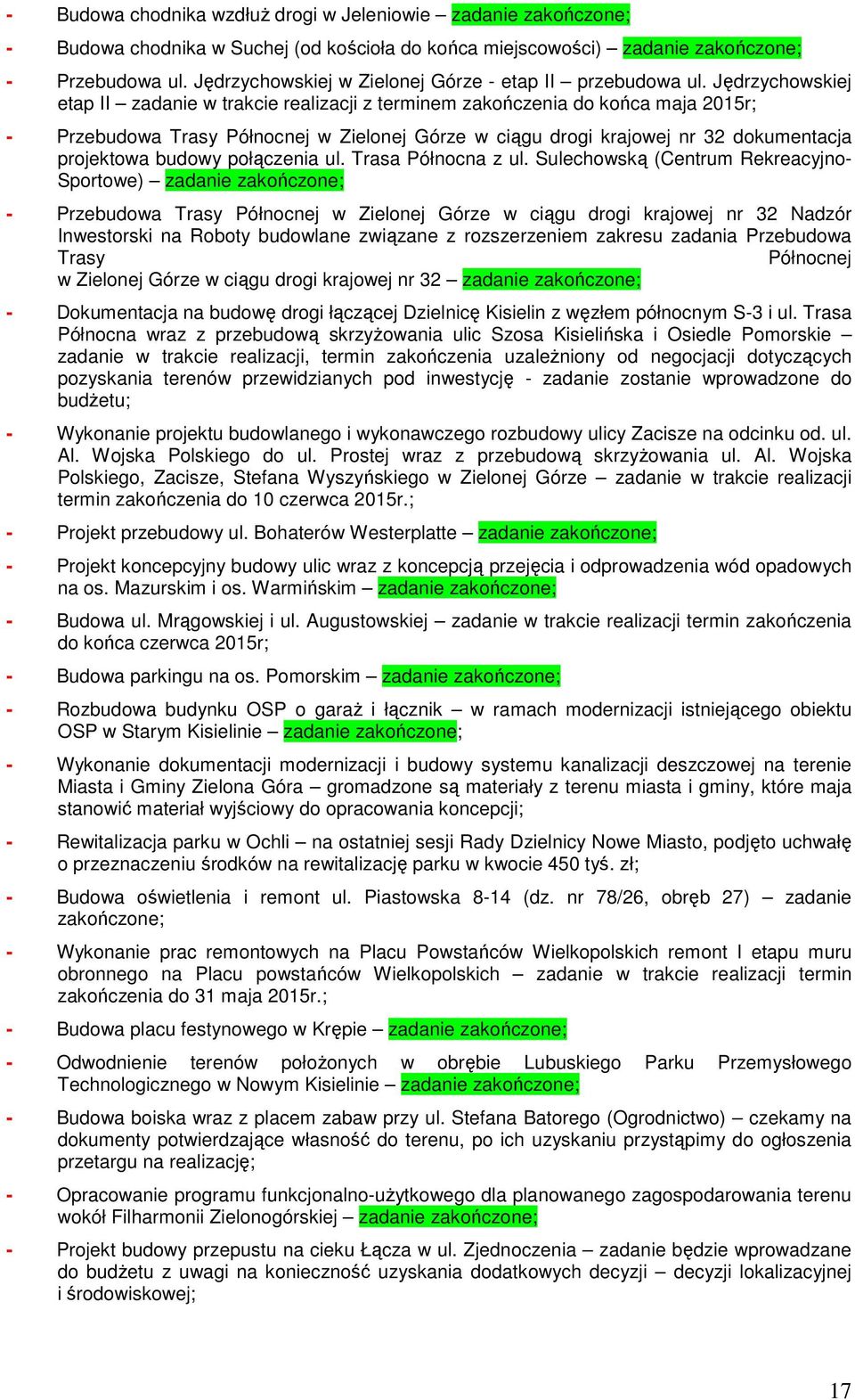 Jędrzychowskiej etap II zadanie w trakcie realizacji z terminem zakończenia do końca maja 2015r; - Przebudowa Trasy Północnej w Zielonej Górze w ciągu drogi krajowej nr 32 dokumentacja projektowa