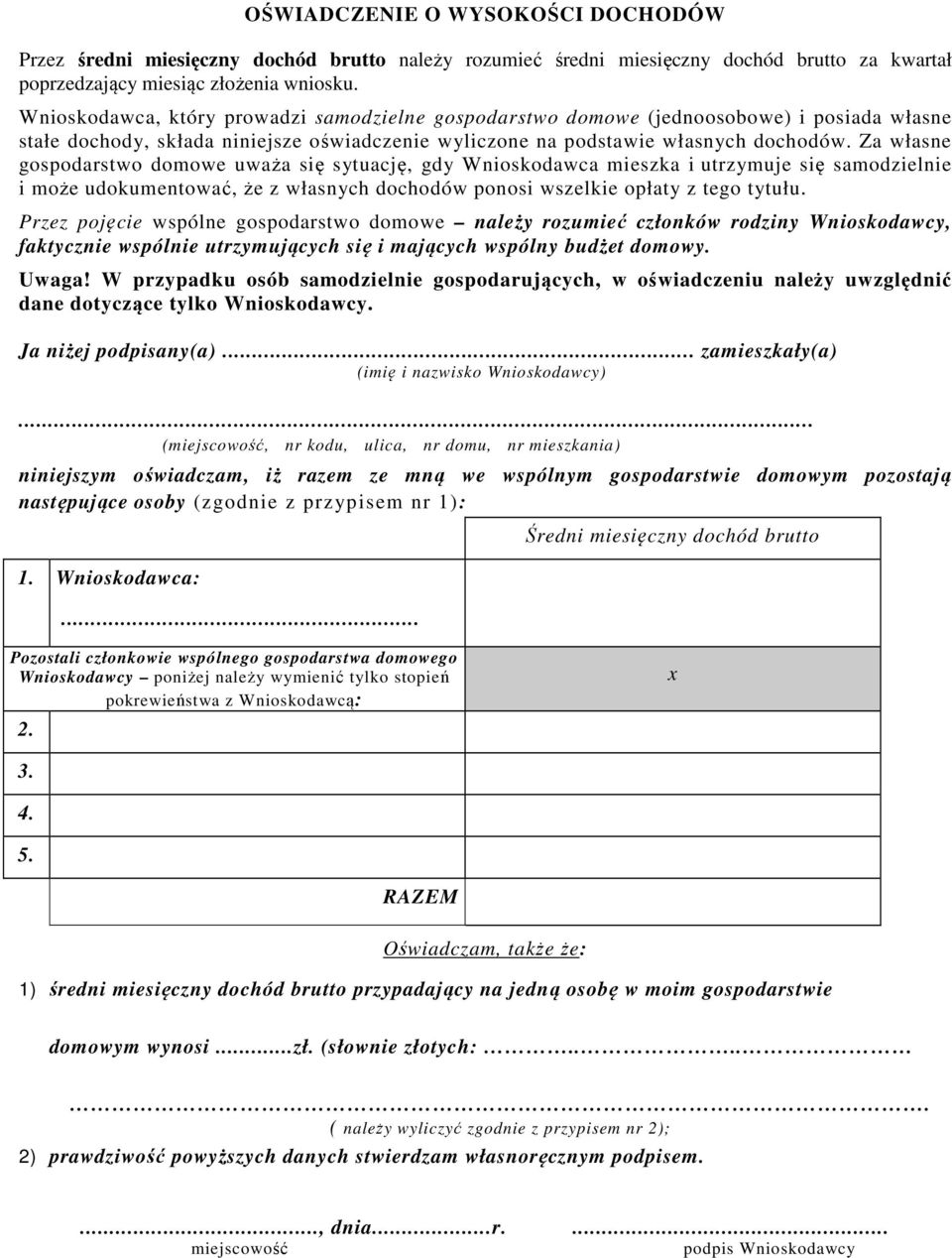 Za własne gospodarstwo domowe uważa się sytuację, gdy Wnioskodawca mieszka i utrzymuje się samodzielnie i może udokumentować, że z własnych dochodów ponosi wszelkie opłaty z tego tytułu.