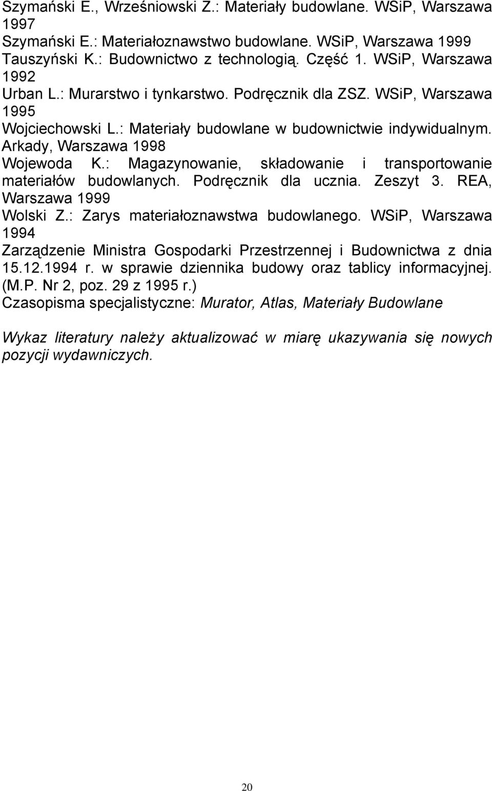 : Magazynowanie, składowanie i transportowanie materiałów budowlanych. Podręcznik dla ucznia. Zeszyt 3. REA, Warszawa 1999 Wolski Z.: Zarys materiałoznawstwa budowlanego.