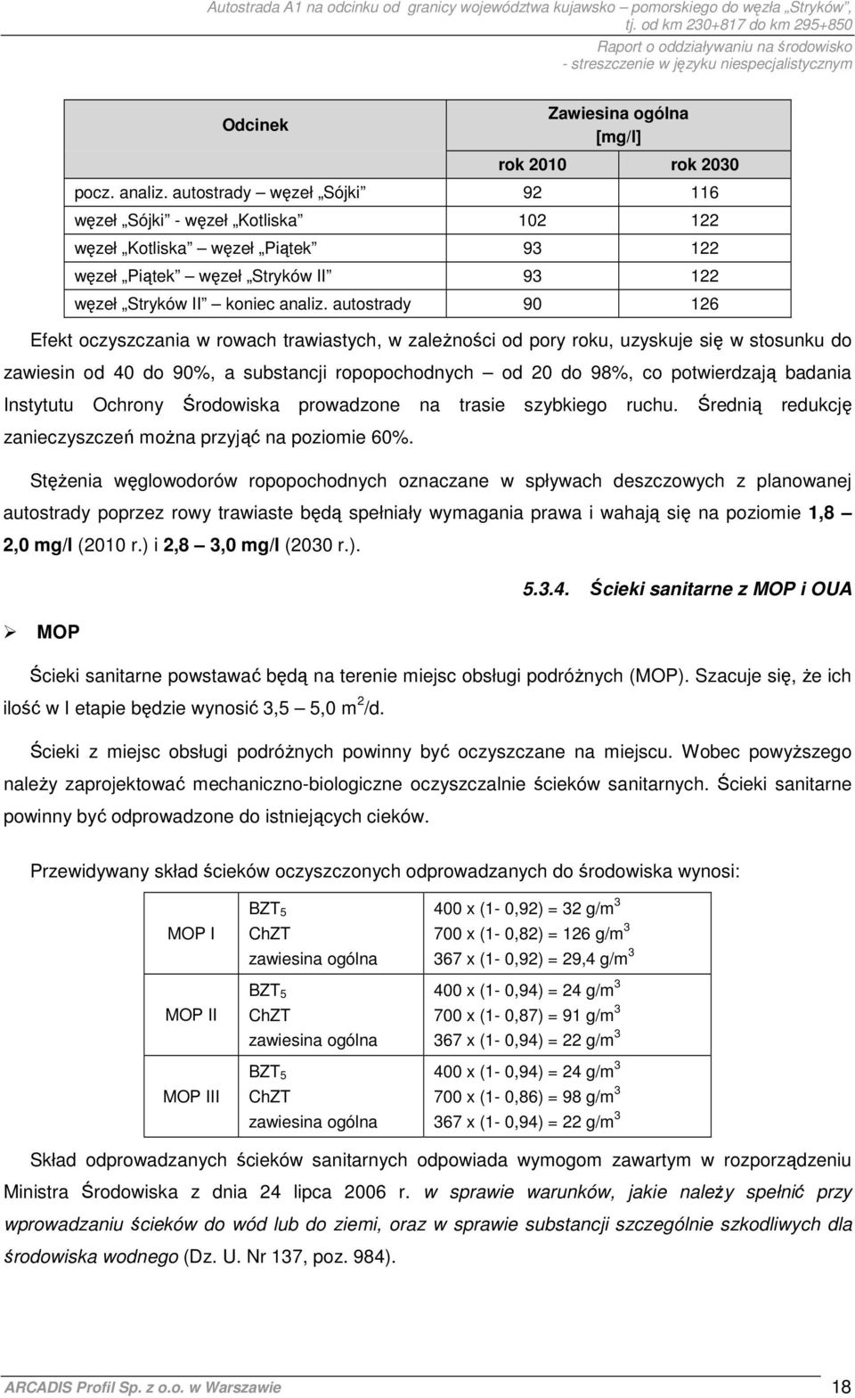 autostrady 90 126 Efekt oczyszczania w rowach trawiastych, w zaleŝności od pory roku, uzyskuje się w stosunku do zawiesin od 40 do 90%, a substancji ropopochodnych od 20 do 98%, co potwierdzają