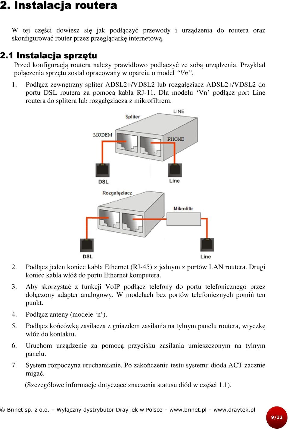 Podłącz zewnętrzny spliter ADSL2+/VDSL2 lub rozgałęziacz ADSL2+/VDSL2 do portu DSL routera za pomocą kabla RJ-11. Dla modelu Vn podłącz port Line routera do splitera lub rozgałęziacza z mikrofiltrem.