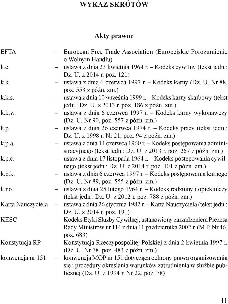 zm.) k.k.w. ustawa z dnia 6 czerwca 1997 r. Kodeks karny wykonawczy (Dz. U. Nr 90, poz. 557 z późn. zm.) k.p. ustawa z dnia 26 czerwca 1974 r. Kodeks pracy (tekst jedn.: Dz. U. z 1998 r. Nr 21, poz.