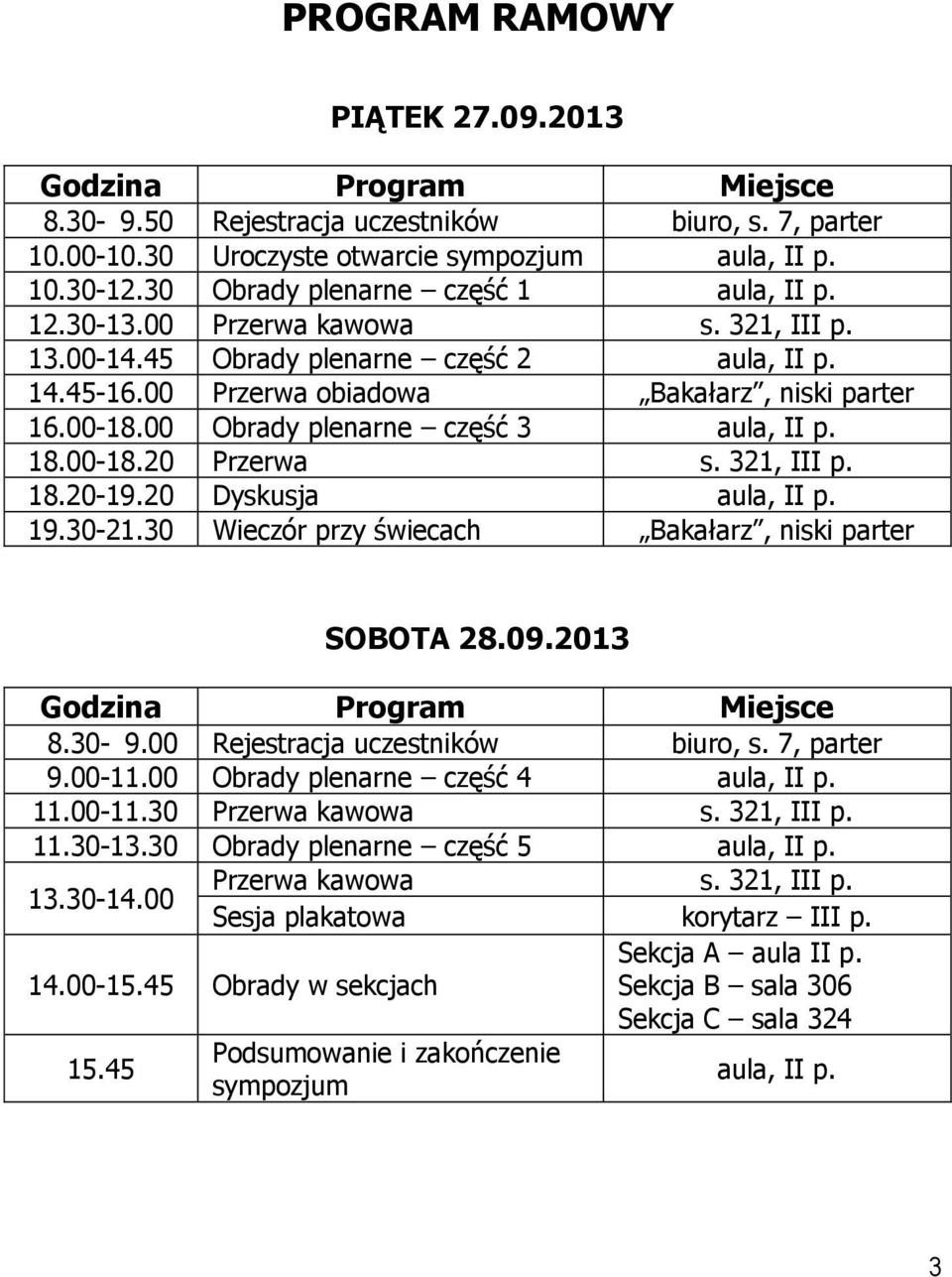 00 Obrady plenarne część 3 aula, II p. 18.00-18.20 Przerwa s. 321, III p. 18.20-19.20 Dyskusja aula, II p. 19.30-21.30 Wieczór przy świecach Bakałarz, niski parter SOBOTA 28.09.