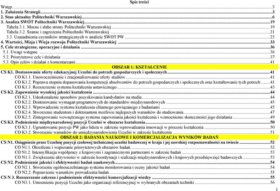 ..33 5. Cele strategiczne, operacyjne i działania...36 5.1. Uwagi wstępne...36 5.2. Priorytetowe cele i działania...37 5.3. Opis celów i działań z komentarzami...41 OBSZAR 1: KSZTAŁCENIE CS K1.