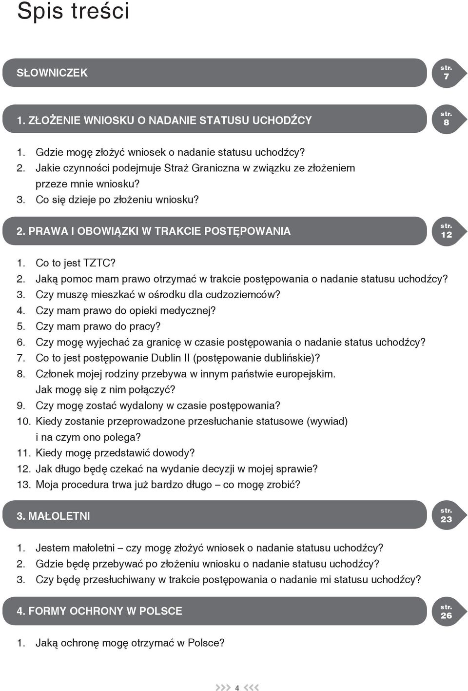 PRAWA I OBOWIĄZKI W TRAKCIE POSTĘPOWANIA 12 1. Co to jest TZTC? 2. Jaką pomoc mam prawo otrzymać w trakcie postępowania o nadanie statusu uchodźcy? 3. Czy muszę mieszkać w ośrodku dla cudzoziemców? 4.