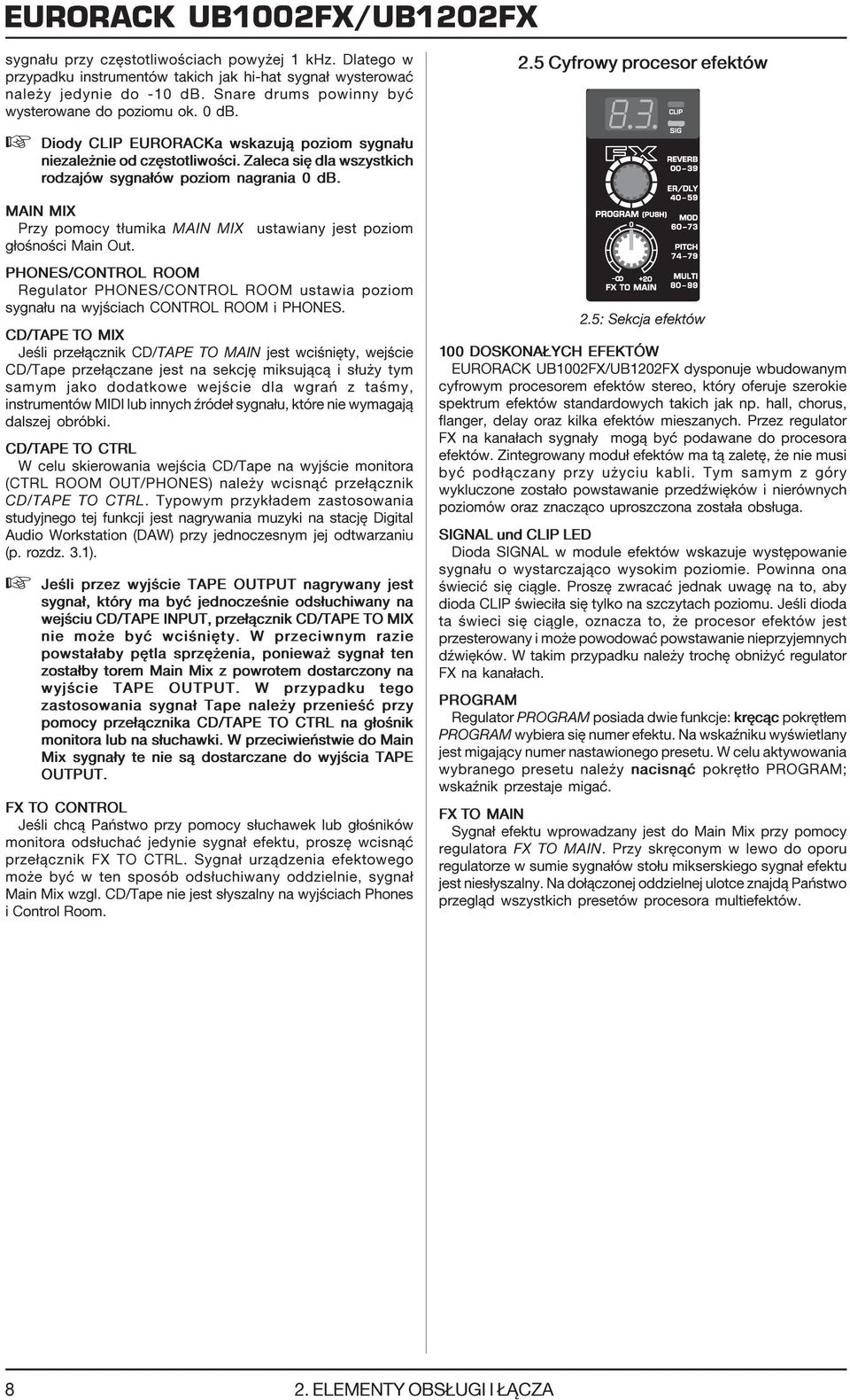 MAIN MIX Przy pomocy t³umika MAIN MIX ustawiany jest poziom g³oœnoœci Main Out. PHONES/CONTROL ROOM Regulator PHONES/CONTROL ROOM ustawia poziom sygna³u na wyjœciach CONTROL ROOM i PHONES.