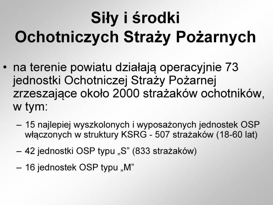 tym: 15 najlepiej wyszkolonych i wyposażonych jednostek OSP włączonych w struktury KSRG