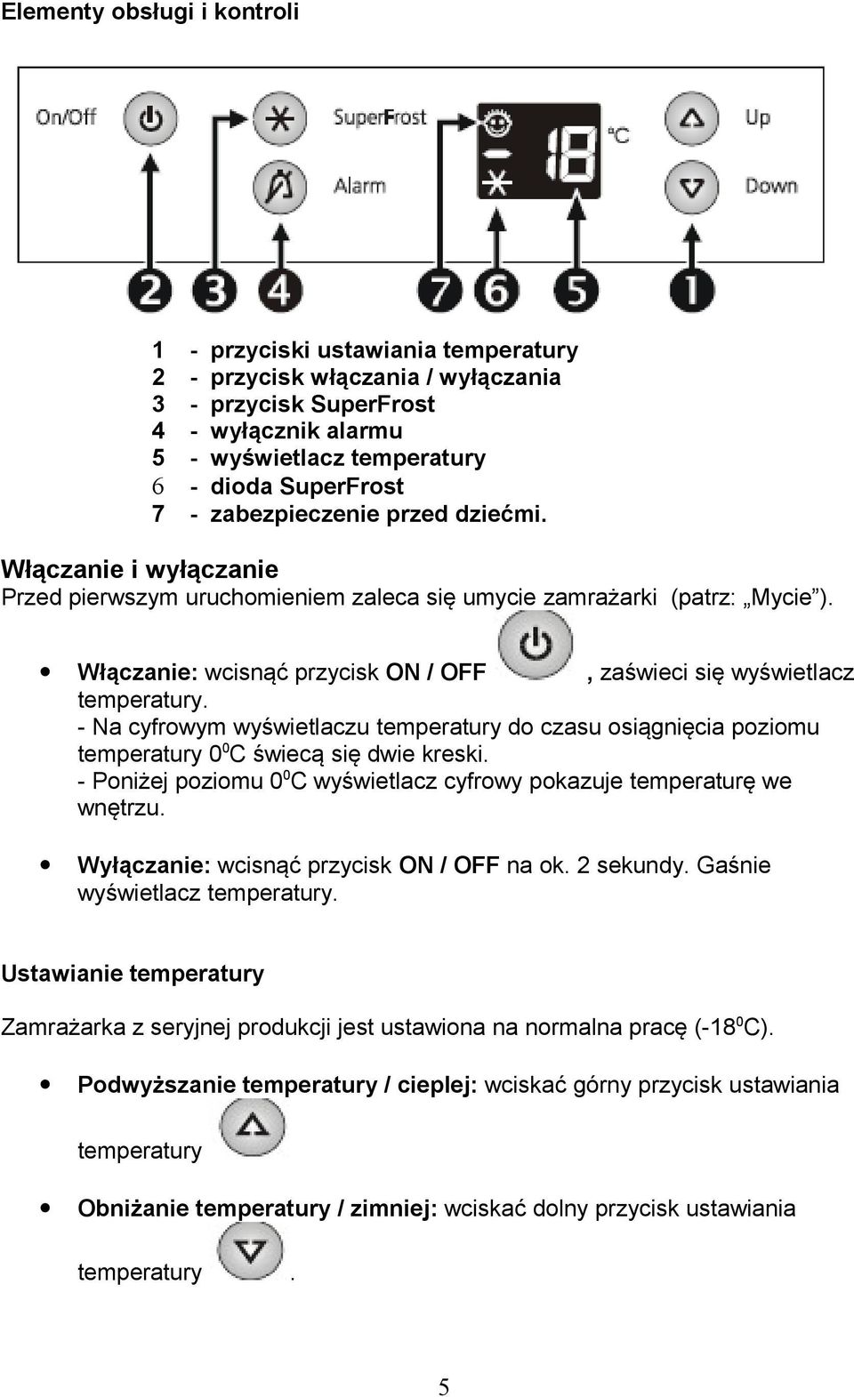 Włączanie: wcisnąć przycisk ON / OFF, zaświeci się wyświetlacz temperatury. - Na cyfrowym wyświetlaczu temperatury do czasu osiągnięcia poziomu temperatury 0 0 C świecą się dwie kreski.