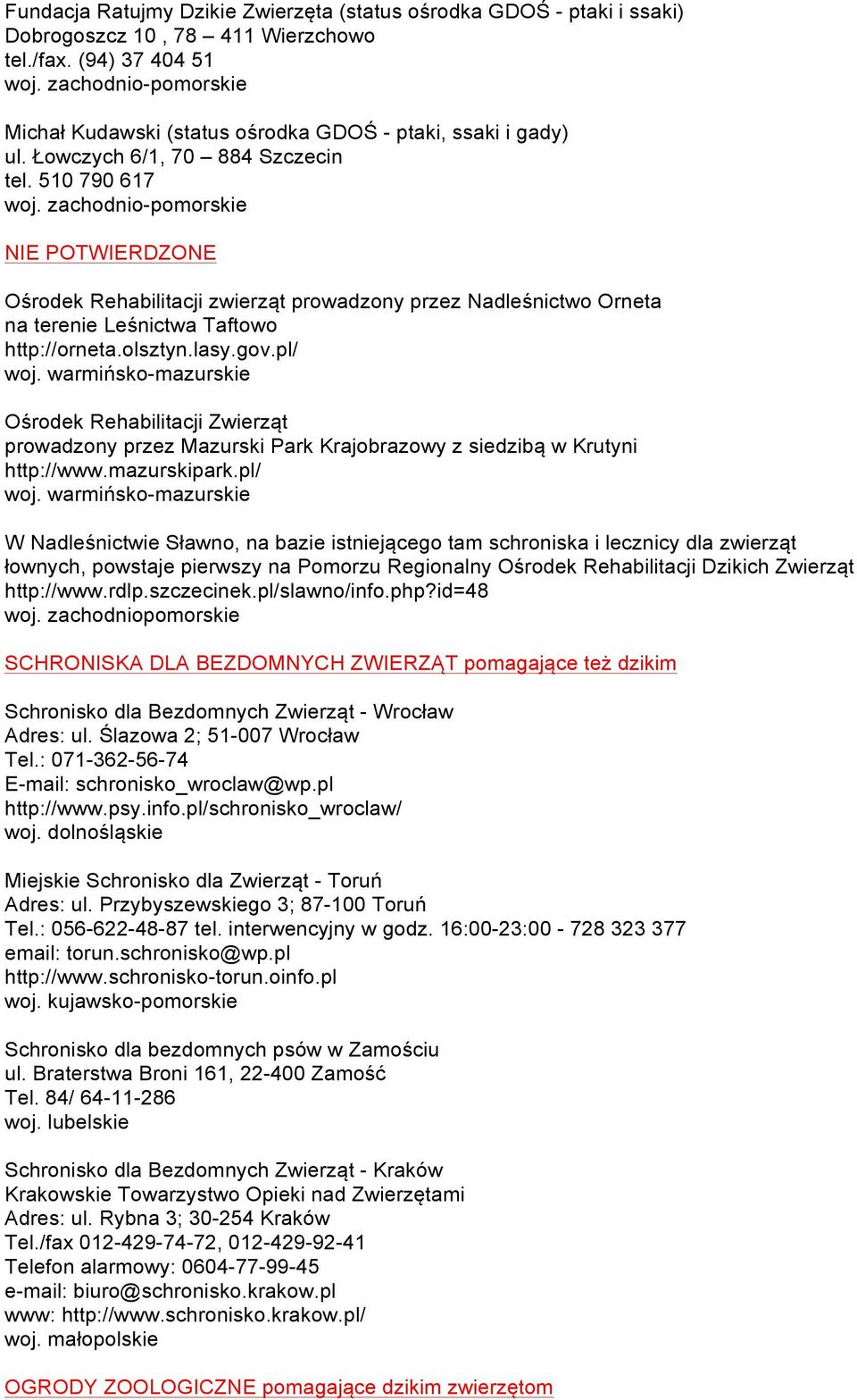 zachodnio-pomorskie NIE POTWIERDZONE Ośrodek Rehabilitacji zwierząt prowadzony przez Nadleśnictwo Orneta na terenie Leśnictwa Taftowo http://orneta.olsztyn.lasy.gov.pl/ woj.