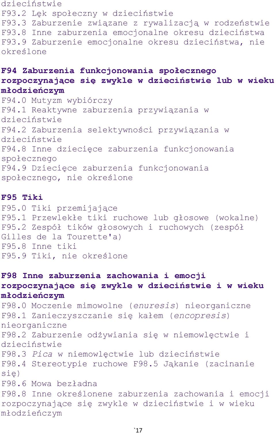 1 Reaktywne zaburzenia przywiązania w dzieciństwie F94.2 Zaburzenia selektywności przywiązania w dzieciństwie F94.8 Inne dziecięce zaburzenia funkcjonowania społecznego F94.