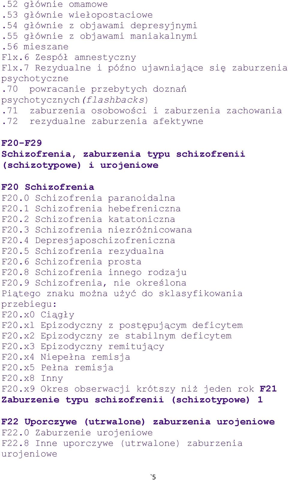 72 rezydualne zaburzenia afektywne F20-F29 Schizofrenia, zaburzenia typu schizofrenii (schizotypowe) i urojeniowe F20 Schizofrenia F20.0 Schizofrenia paranoidalna F20.1 Schizofrenia hebefreniczna F20.