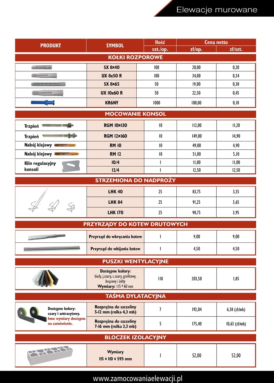 12x160 10 149,00 14,90 Nabój klejowy RM 10 10 49,00 4,90 Nabój klejowy RM 12 10 51,00 5,10 Klin regulacyjny 10/4 1 11,00 11,00 konsoli 12/4 1 12,50 12,50 STRZEMIONA DO NADPROŻY LHK 40 25 83,75 3,35