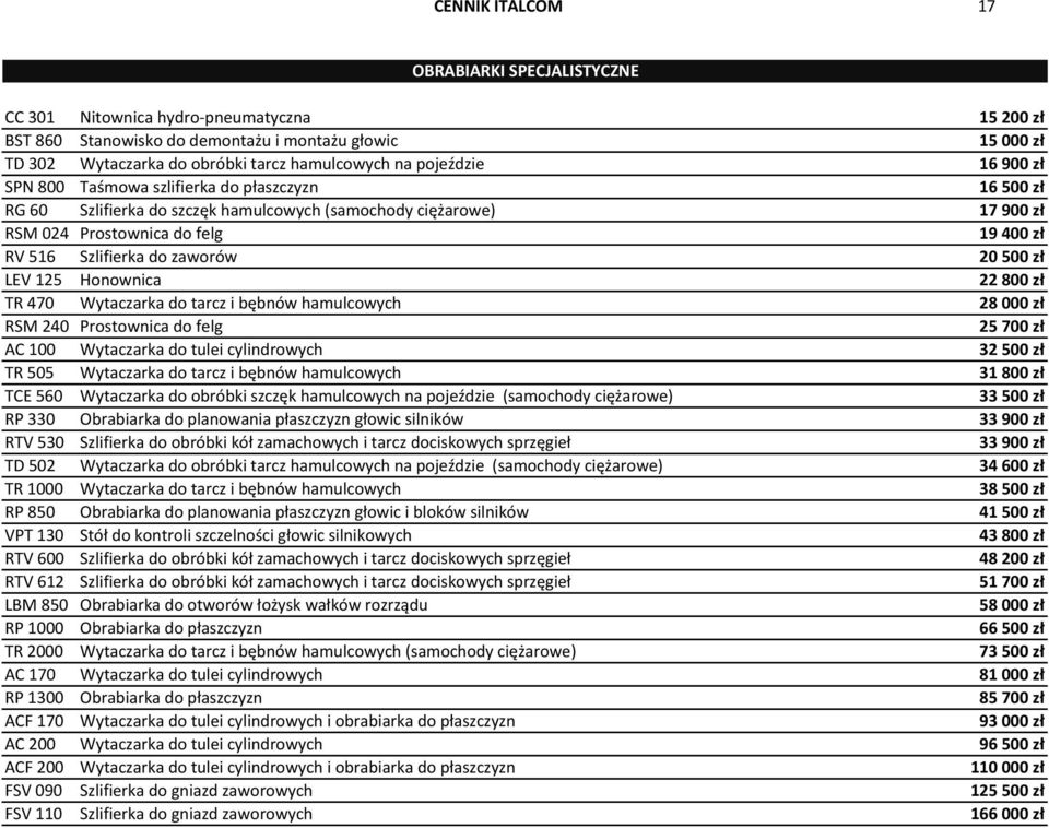 do zaworów 20 500 zł LEV 125 Honownica 22 800 zł TR 470 Wytaczarka do tarcz i bębnów hamulcowych 28 000 zł RSM 240 Prostownica do felg 25 700 zł AC 100 Wytaczarka do tulei cylindrowych 32 500 zł TR