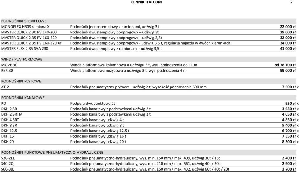 35 PV 160-220 XY Podnośnik dwustemplowy podprogowy - udźwig 3,5 t, regulacja najazdu w dwóch kierunkach 34 000 zł MASTER FLEX 2.