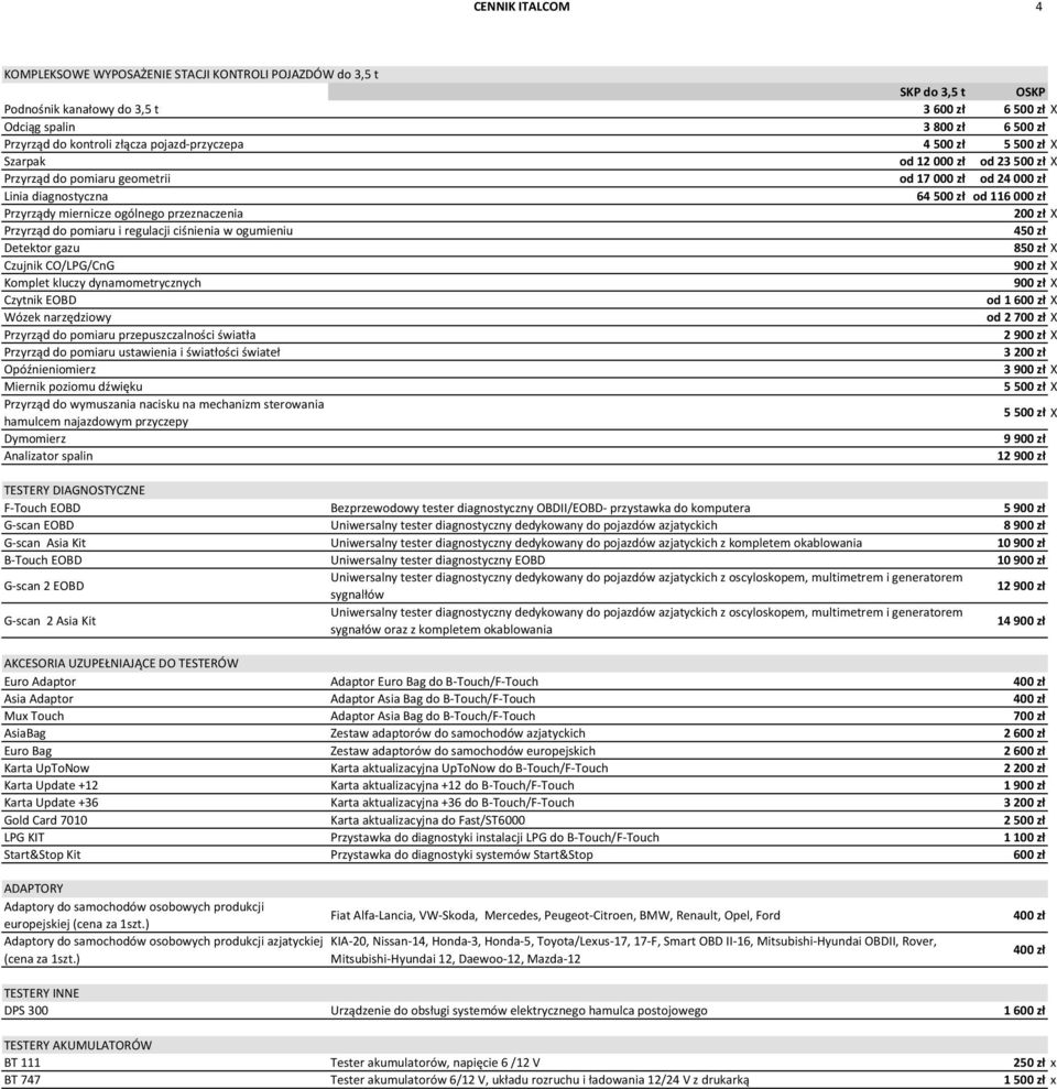 ogólnego przeznaczenia 200 zł X Przyrząd do pomiaru i regulacji ciśnienia w ogumieniu Detektor gazu 450 zł 850 zł X Czujnik CO/LPG/CnG 900 zł X Komplet kluczy dynamometrycznych 900 zł X Czytnik EOBD