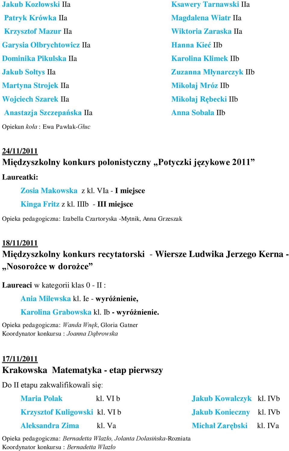 24/11/2011 Międzyszkolny konkurs polonistyczny Potyczki językowe 2011 Laureatki: Zosia Makowska z kl. VIa - I miejsce Kinga Fritz z kl.