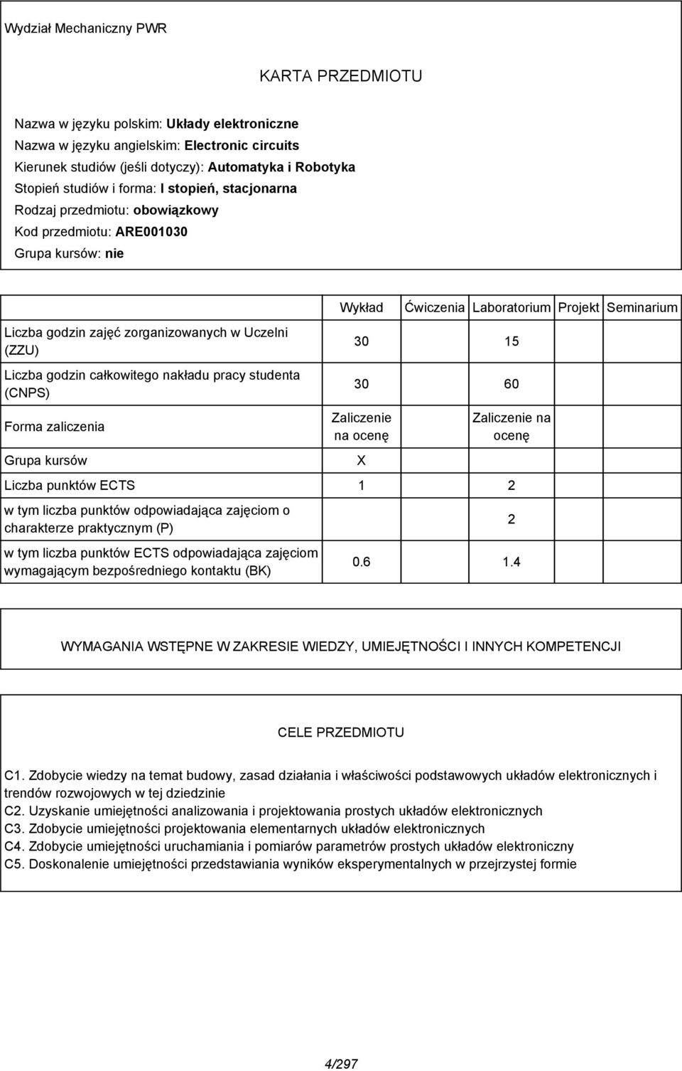 nakładu pracy studenta (CNPS) Forma zaliczenia Grupa kursów Wykład Ćwiczenia Laboratorium Projekt Seminarium 30 15 30 60 Zaliczenie na ocenę Zaliczenie na ocenę Liczba punktów ECTS 1 w tym liczba