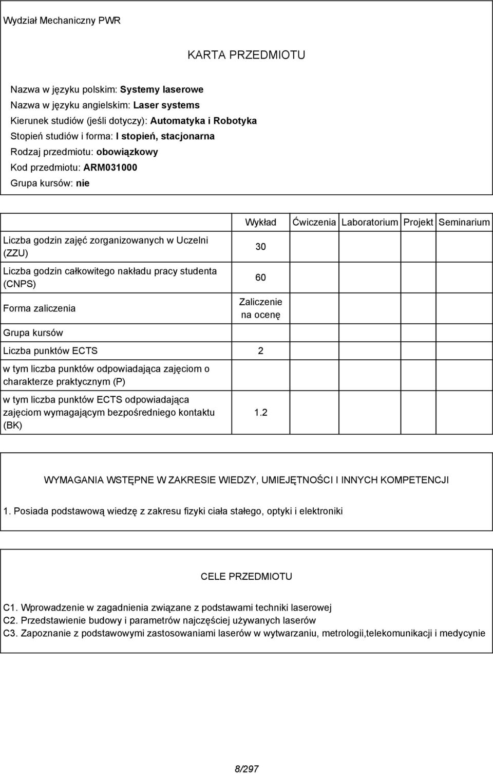 studenta (CNPS) Forma zaliczenia Grupa kursów Wykład 30 60 Zaliczenie na ocenę Liczba punktów ECTS w tym liczba punktów odpowiadająca zajęciom o charakterze praktycznym (P) w tym liczba punktów ECTS