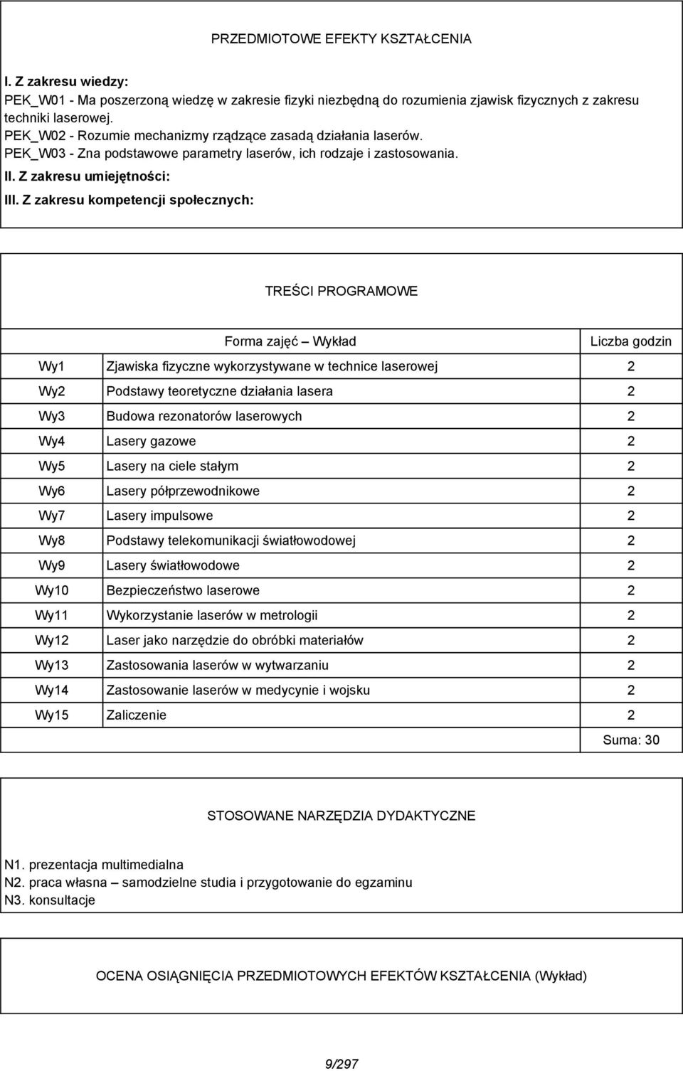 Z zakresu kompetencji społecznych: TREŚCI PROGRAMOWE Forma zajęć Wykład Liczba godzin Wy1 Zjawiska fizyczne wykorzystywane w technice laserowej Wy Podstawy teoretyczne działania lasera Wy3 Budowa