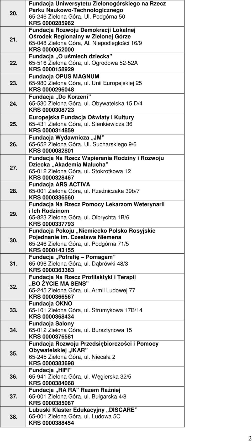 Niepodległości 16/9 KRS 0000052000 Fundacja O uśmiech dziecka 65-516 Zielona Góra, ul. Ogrodowa 52-52A KRS 0000158929 Fundacja OPUS MAGNUM 65-980 Zielona Góra, ul.