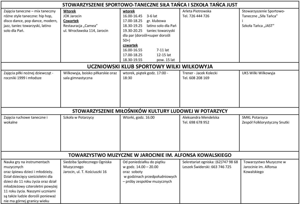 Wrocławska 114, Jarocin wtorek 16.00-16.45 3-6 lat 17.00-18.25 gr. klubowa 18.30-19.25 latino solo dla Pań 19.30-20.25 taniec towarzyski dla par (dorośli+super dorośli 50+) czwartek 16.00-16.55 7-11 lat 17.