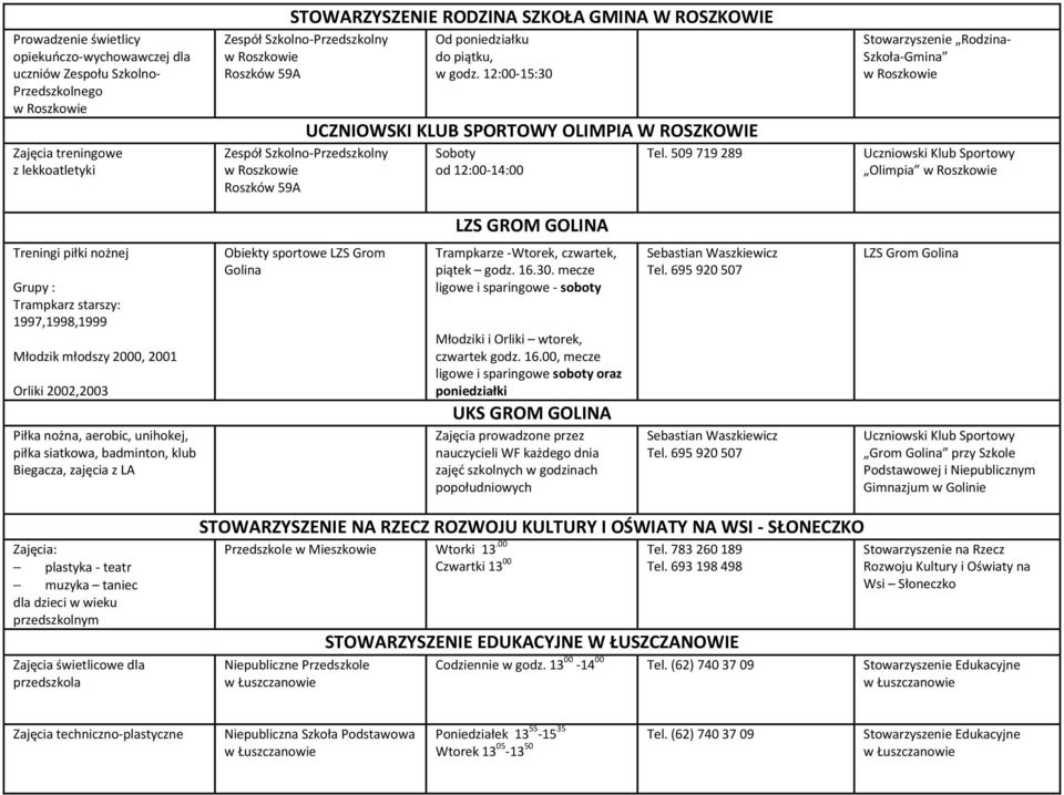 12:00-15:30 UCZNIOWSKI KLUB SPORTOWY OLIMPIA W ROSZKOWIE Soboty od 12:00-14:00 Tel.