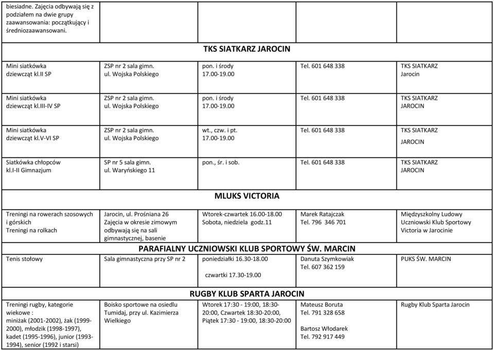 v-vi SP ZSP nr 2 sala gimn. ul. Wojska Polskiego wt., czw. i pt. 17.00-19.00 Tel. 601 648 338 TKS SIATKARZ JAROCIN Siatkówka chłopców kl.i-ii Gimnazjum SP nr 5 sala gimn. ul. Waryńskiego 11 pon., śr.