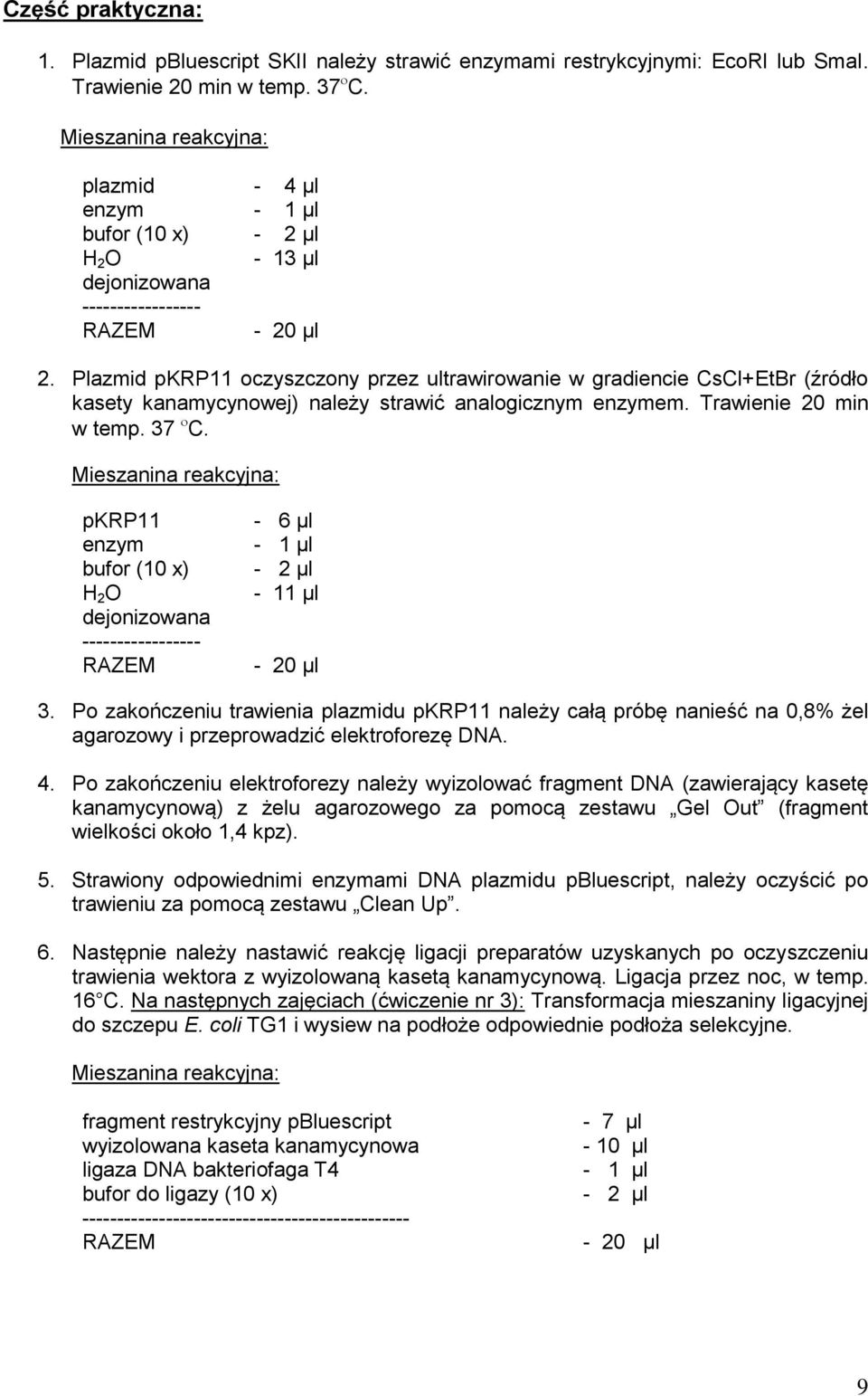 Plazmid pkrp11 oczyszczony przez ultrawirowanie w gradiencie CsCl+EtBr (źródło kasety kanamycynowej) należy strawić analogicznym enzymem. Trawienie 20 min w temp. 37 C.