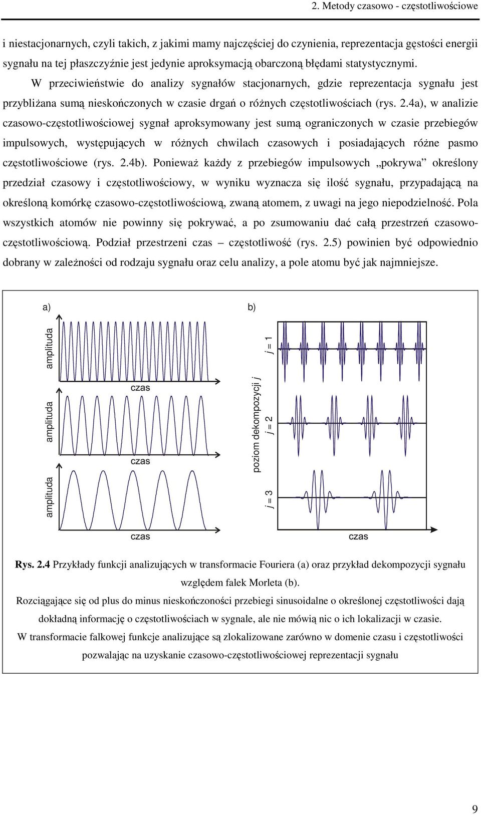 2.4a), w analizie czasowo-częstotliwościowej sygnał aproksymowany jest sumą ograniczonych w czasie przebiegów impulsowych, występujących w różnych chwilach czasowych i posiadających różne pasmo