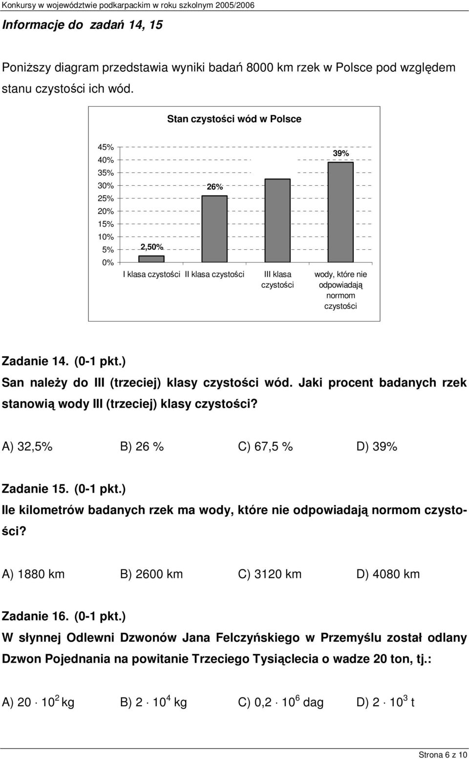 (0-1 pkt.) San należy do III (trzeciej) klasy czystości wód. Jaki procent badanych rzek stanowią wody III (trzeciej) klasy czystości? A) 32,5% B) 26 % C) 67,5 % D) 39% Zadanie 15. (0-1 pkt.