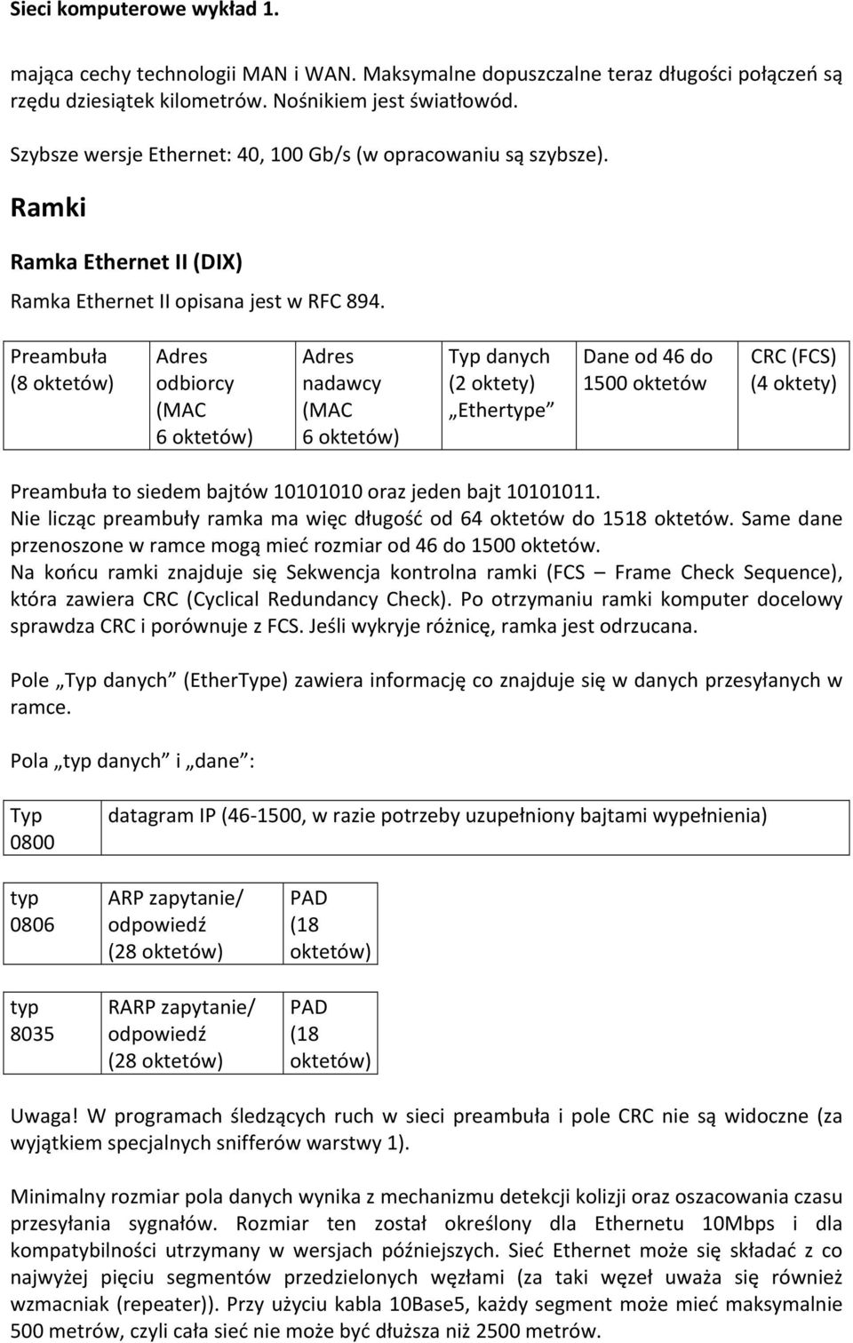 Preambuła (8 oktetów) Adres odbiorcy (MAC 6 oktetów) Adres nadawcy (MAC 6 oktetów) Typ danych (2 oktety) Ethertype Dane od 46 do 1500 oktetów CRC (FCS) (4 oktety) Preambuła to siedem bajtów 10101010