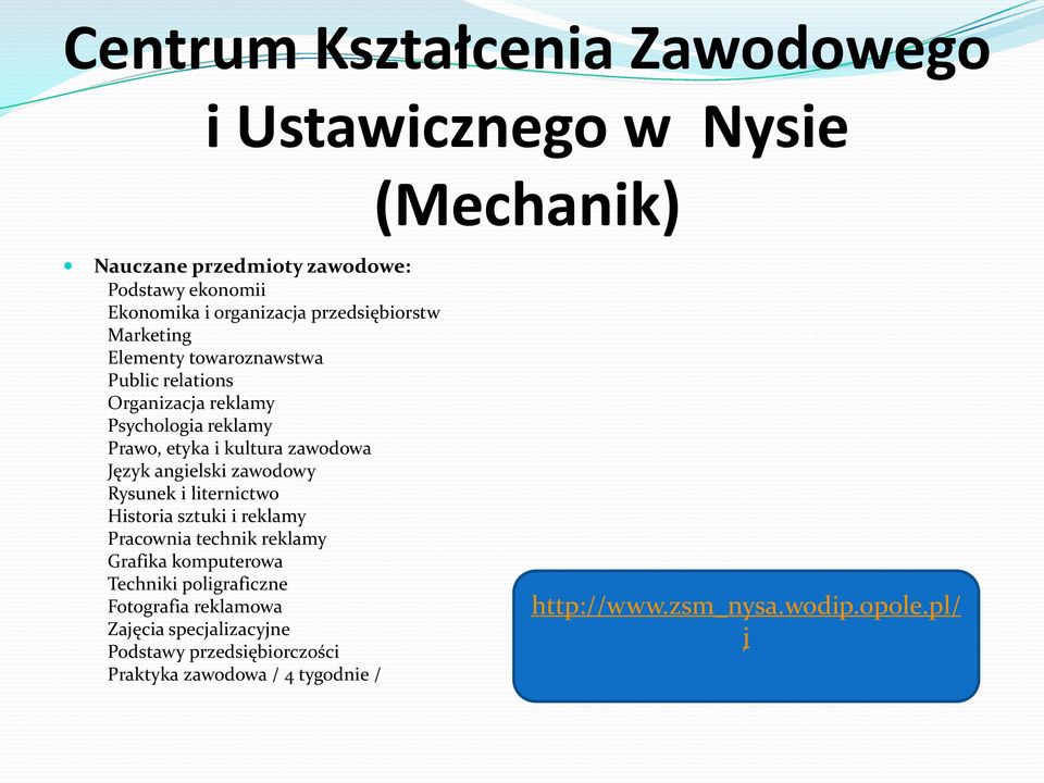 Język angielski zawodowy Rysunek i liternictwo Historia sztuki i reklamy Pracownia technik reklamy Grafika komputerowa Techniki