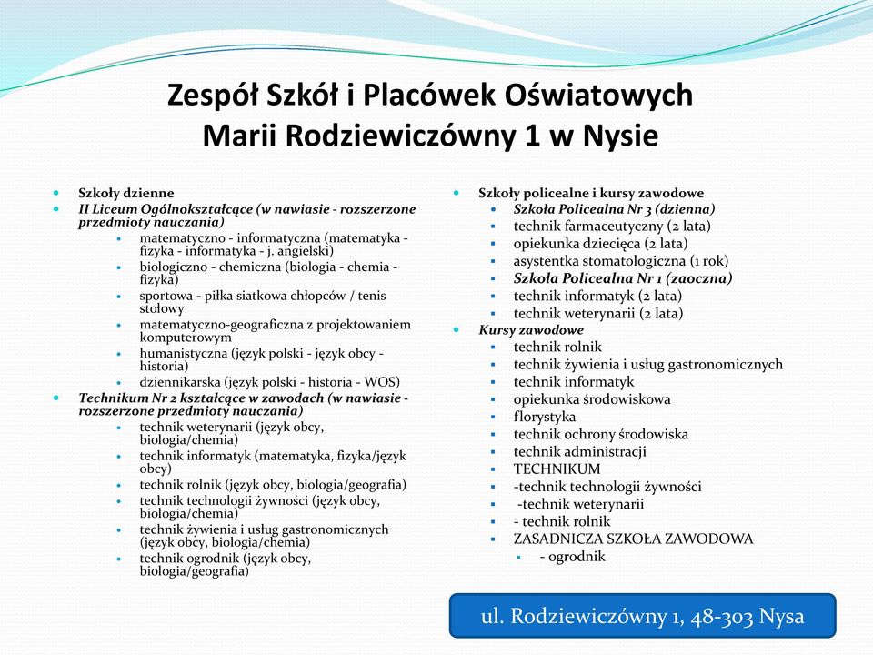 angielski) biologiczno - chemiczna (biologia - chemia - fizyka) sportowa - piłka siatkowa chłopców / tenis stołowy matematyczno-geograficzna z projektowaniem komputerowym humanistyczna (język polski