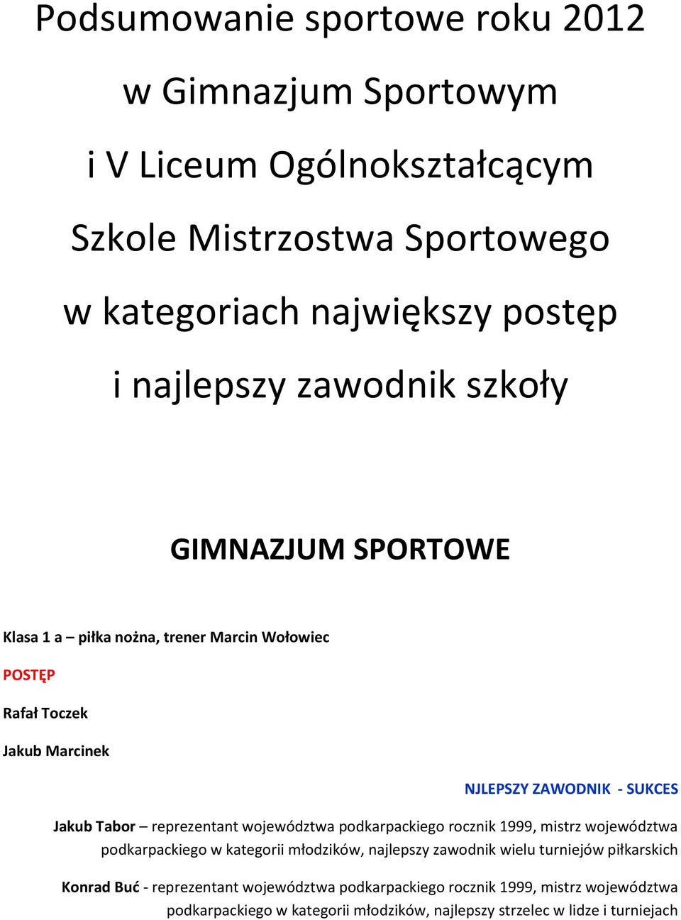 województwa podkarpackiego rocznik 1999, mistrz województwa podkarpackiego w kategorii młodzików, najlepszy zawodnik wielu turniejów piłkarskich